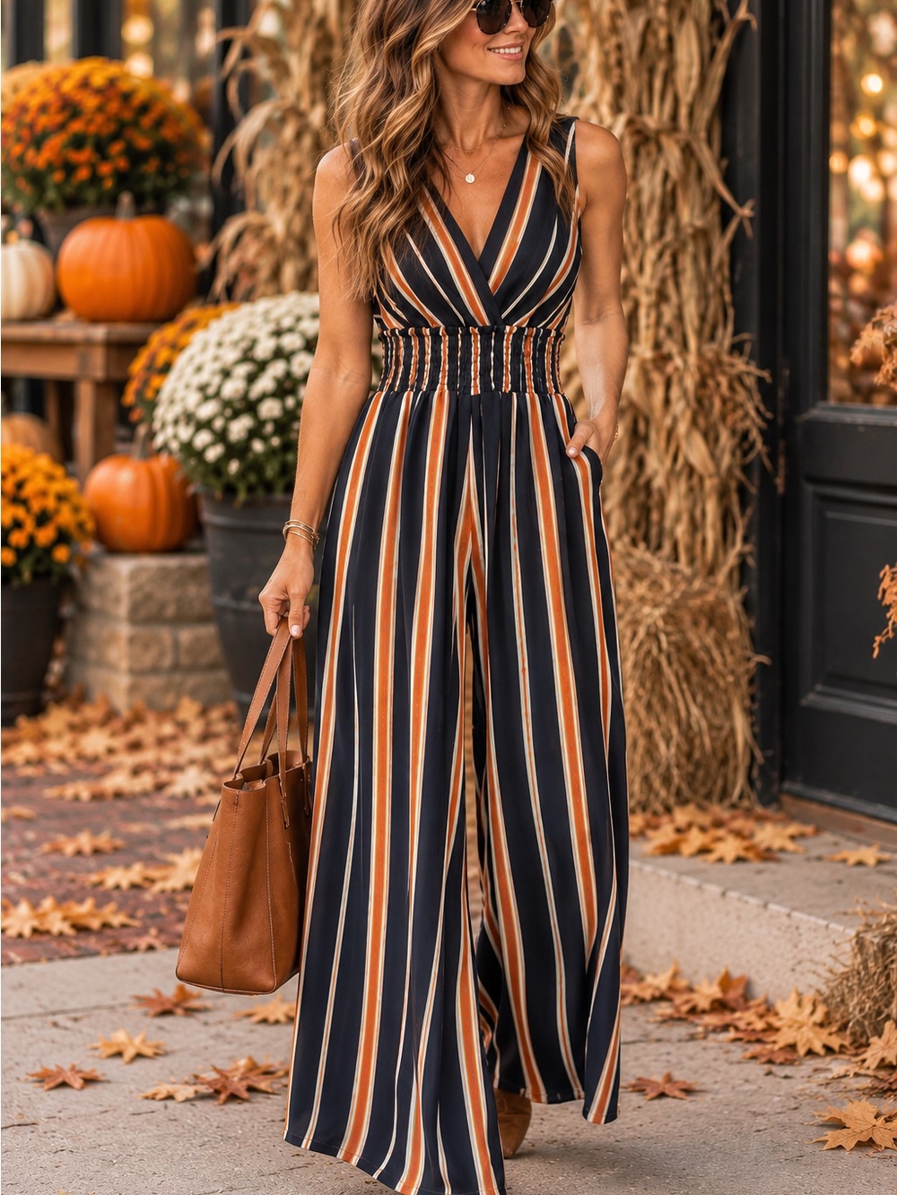 American Threads Striped Wide Leg Jumpsuit open back Small Navy Rust Fall Boho